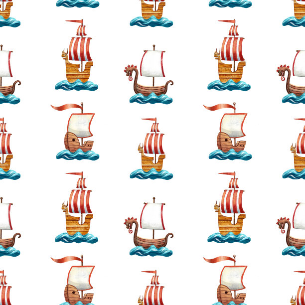 可爱的海盗模式。无缝纹理。德拉卡尔和维京帆船。童话卡通风格。有趣的纺织印花为男孩。儿童插图。包装纸印刷。图片下载