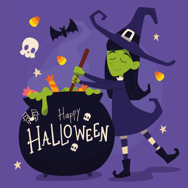 彩色万圣节海报女巫与大锅矢量图片下载