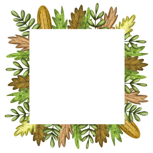 可爱的北欧花朵花环。手绘边界。广场边界组成。绿色的树叶。卡通花环。植物插图。可爱的卡通装饰框架。夏天的树叶。图片下载