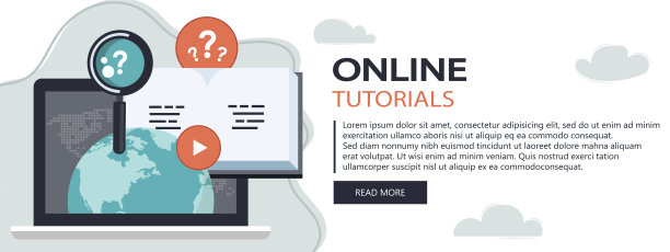 教育，培训，在线教程，电子学习的概念。笔记本电脑与视频在线培训屏幕上，与图标。平面向量插图。网站横幅图片下载