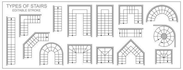 楼梯顶视图符号。平面图或蓝图或工程图中楼梯的类型。孤立对象的建筑示意图集。白色背景上的矢量图标图片下载