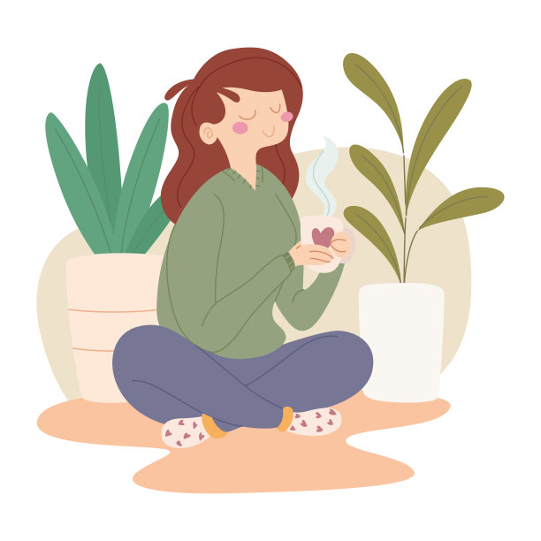 快乐的女人，喝着咖啡，坐在植物向量周围图片下载