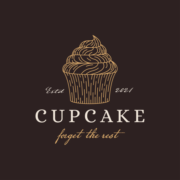 复古线条艺术纸杯蛋糕标志图标矢量在黑暗的背景图片下载