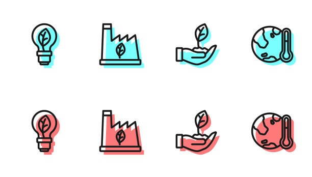 设置线:手上有植物，有叶子的灯泡，垃圾回收，地球融化为全球变暖的图标。向量图片下载