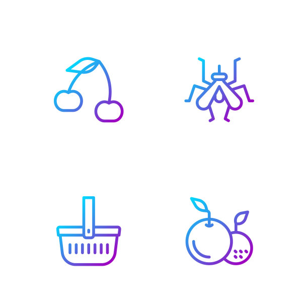 水果，野餐篮，樱桃和蚊子。渐变颜色图标。向量图片下载