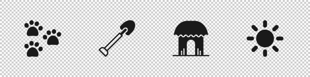设置爪印，铲子，非洲小屋和太阳图标。向量图片下载