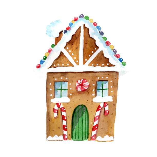 水彩姜饼屋与雪屋顶图片下载