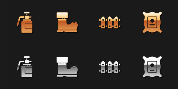 设置花园喷雾器肥料，防水橡胶靴，栅栏木和包装充分种子植物图标。向量图片下载