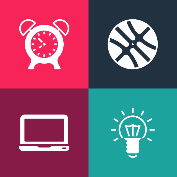 设置波普艺术灯泡，笔记本电脑，篮球和闹钟图标。向量图片下载