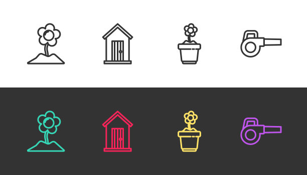 设置线花，农场，在壶和叶花园风机上的黑白。向量图片下载