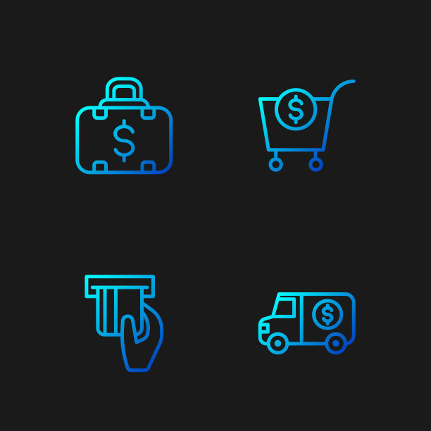 设置线装甲车，信用卡插入，公文包和钱和购物车元。渐变颜色图标。向量图片下载