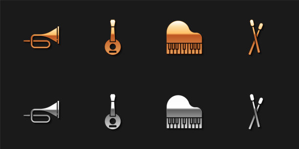 设置小号，班卓琴，大钢琴和鼓棒图标。向量图片下载
