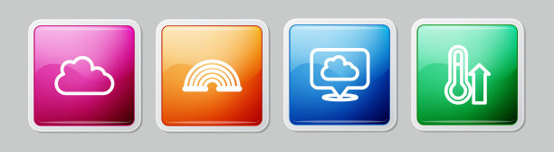 设置线云，彩虹，位置云和气象温度计。丰富多彩的广场按钮。向量图片下载