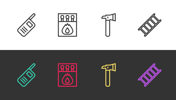 设置对讲机，火柴盒和火柴，消防员斧头和逃跑在黑白地图上。向量图片下载