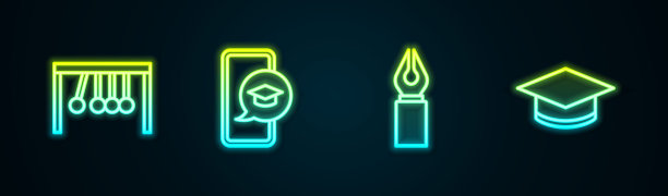 设置线摆，移动分度帽，钢笔笔尖和。发光的霓虹灯图标。向量图片下载