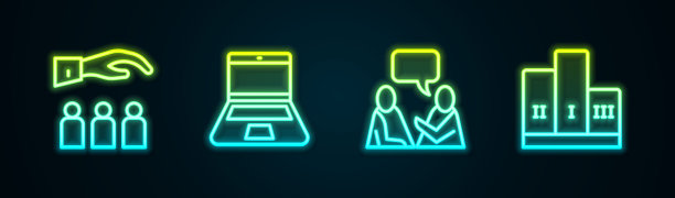 老板和员工，笔记本电脑，两个人坐着聊天，奖品在领奖台上。发光的霓虹灯图标。向量图片下载