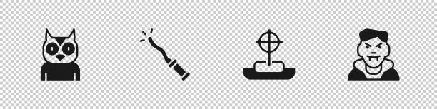 设置猫头鹰鸟，魔术棒，十字架墓碑和吸血鬼图标。向量图片下载