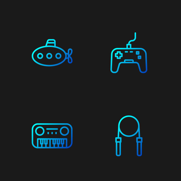 设置线跳绳，玩具钢琴，潜艇玩具和手柄。渐变颜色图标。向量图片下载