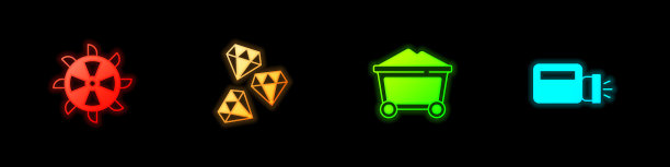 设置铲斗轮挖掘机，宝石石，煤矿小车和手电筒图标。向量图片下载