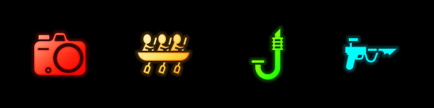 设置摄影相机，划艇队运动，通气管和鱼叉图标。向量图片下载