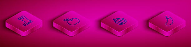 设置等距线防水橡胶靴，苹果，西瓜和茄子图标。向量图片下载