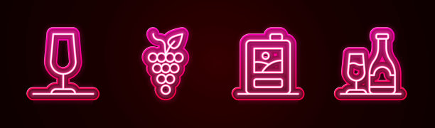 设置线葡萄酒杯，串葡萄，纸箱葡萄酒和酒瓶。发光的霓虹灯图标。向量图片下载