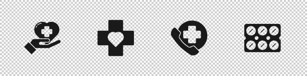 Set Heart with a cross，，紧急电话到医院和药丸在吸塑包装图标。向量图片下载