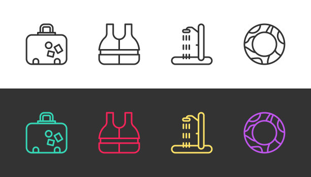 黑色和白色的行李箱，救生衣，沙滩淋浴和橡胶游泳圈。向量图片下载