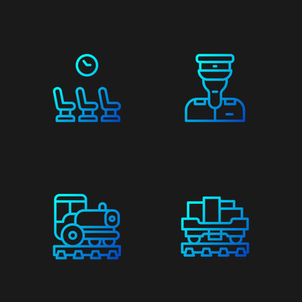 集货运列车、老式机车、候车室、列车长于一体。渐变颜色图标。向量图片下载