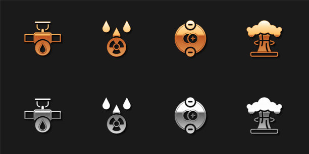 设置工业管道阀门、酸雨放射性云、原子和核爆图标。向量图片下载