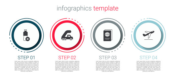 设置无水瓶，登机时使用乘客梯，护照，飞机起飞。业务信息模板。向量图片下载