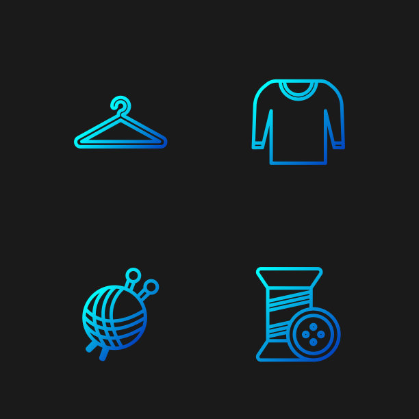 集线缝纫线和钮扣，纱线球和编织针，衣架衣柜和毛衣。渐变颜色图标。向量图片下载