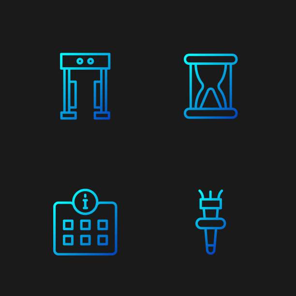 设置火炬火焰，信息，金属探测器和旧沙漏。渐变颜色图标。向量图片下载