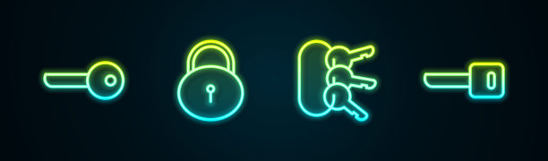 设置线路键、锁、串键和。发光的霓虹灯图标。向量图片下载