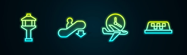 设置机场塔台、自动扶梯、飞行时间、出租车车顶。发光的霓虹灯图标。向量图片下载