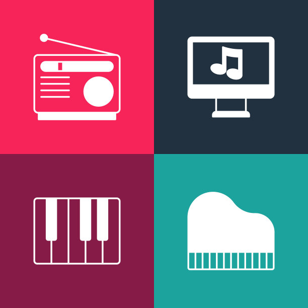 集流行艺术三角钢琴，音乐合成器，电脑与音乐笔记和广播图标。向量图片下载