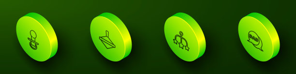 设置等距线婴儿奶嘴，旋转玩具，婴儿床挂玩具和语音泡泡爸爸图标。向量图片下载