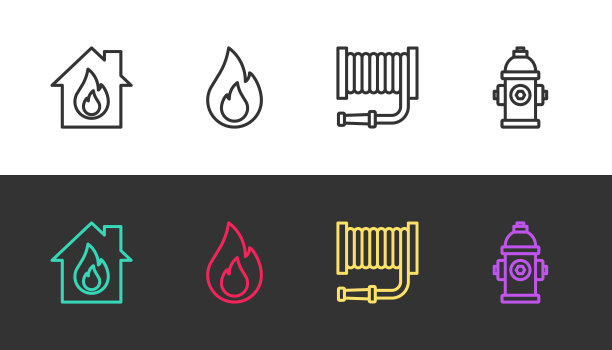 消防相关图标集合：燃烧的房屋、火焰、软管卷盘和消防栓（黑白风格）图片下载