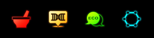 设置研钵杵、DNA符号、生态健康食品标签和分子图标。向量图片下载