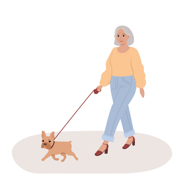 一位老妇人在遛小狗。老年人的活动和休闲。图片下载