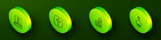 墓碑，基督教十字架，教堂建筑和教堂塔的图标。向量图片下载