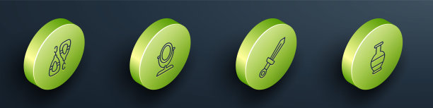 设置等距线耳环，圆形化妆镜，中世纪剑和古代双耳罐图标。向量图片下载