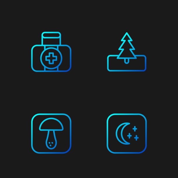 设置月亮和星星线，蘑菇，急救箱和树。渐变颜色图标。向量图片下载