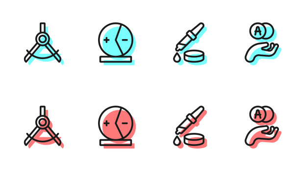 设置线移液器，绘图指南针，原子和图标。向量图片下载