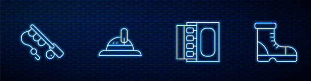 设置线火柴盒和火柴，鱼竿，猎人帽和靴子。砖墙上闪烁的霓虹灯图标。向量图片下载