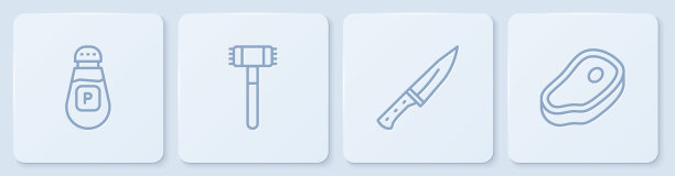 设置线胡椒，肉菜刀，厨房锤子和牛排肉。白色正方形按钮。向量图片下载