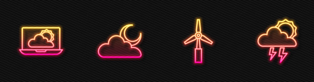设置风轮机，天气预报，云与月亮和风暴。发光的霓虹灯图标。向量图片下载