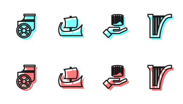 古代圆柱，战车，希腊三柱和竖琴的图标。向量图片下载