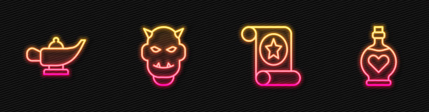 魔术卷轴，神灯或阿拉丁神灯，带角的魔鬼面具和一瓶爱情药水。发光的霓虹灯图标。向量图片下载