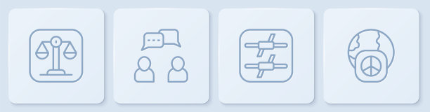 设置正义天平、铁丝网、言论泡泡聊天和国际和平日。白色正方形按钮。向量图片下载